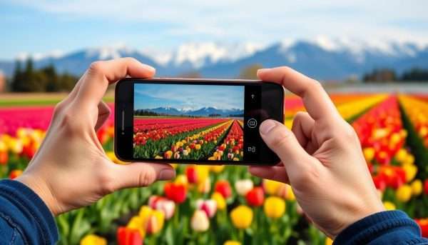Photographer using smartphone to capture tulip fields at Skagit Valley Tulip Festival Photographer using smartphone to capture tulip fields at Skagit Valley Tulip Festival