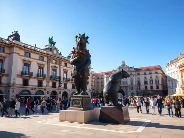 Puerta del Sol square in Madrid with the Bear and Strawberry Tree statue and crowds of visitors in the morning Puerta del Sol square in Madrid with the Bear and Strawberry Tree statue and crowds of visitors in the morning