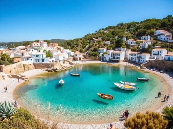 Sa Tuna cove in Begur with small boats anchored in crystal clear waters surrounded by pine-covered hills Sa Tuna cove in Begur with small boats anchored in crystal clear waters surrounded by pine-covered hills