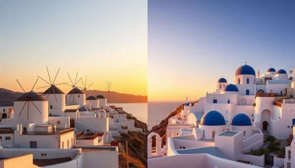 Scenic views comparison between Mykonos vs Santorini showing iconic landmarks and photography spots