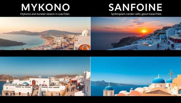 Seasonal comparison showing Mykonos vs Santorini during different times of year Seasonal comparison showing Mykonos vs Santorini during different times of year