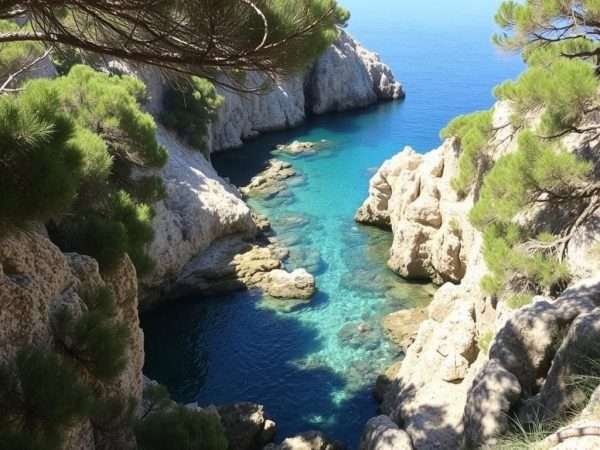 Secluded Cala Estreta with rocky shoreline and crystal clear waters, accessible only by hiking trail Secluded Cala Estreta with rocky shoreline and crystal clear waters, accessible only by hiking trail