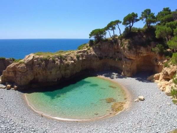Secluded Cala Pedrosa beach surrounded by rocky cliffs and pine trees with crystal clear waters Secluded Cala Pedrosa beach surrounded by rocky cliffs and pine trees with crystal clear waters
