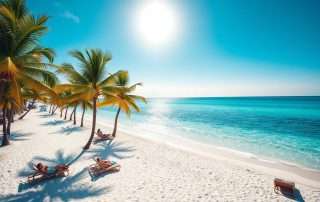 Sunny Florida beach with palm trees and turquoise water in December
