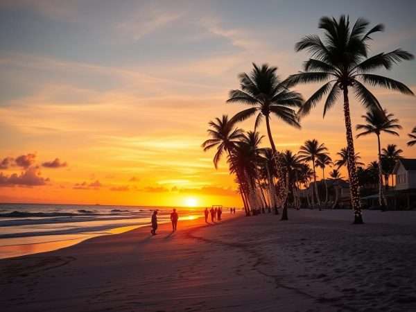 Sunset on a Florida beach with palm trees decorated with holiday lights in December