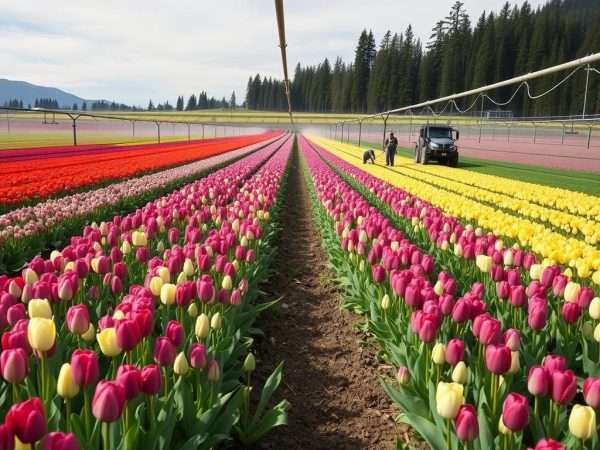Sustainable farming practices at tulip fields in Skagit Valley with modern irrigation systems Sustainable farming practices at tulip fields in Skagit Valley with modern irrigation systems