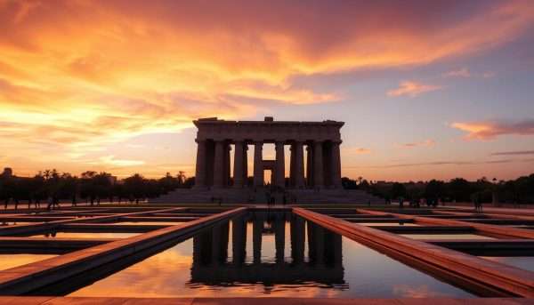Temple of Debod in Madrid at sunset with orange and purple sky reflecting in the surrounding pools Temple of Debod in Madrid at sunset with orange and purple sky reflecting in the surrounding pools