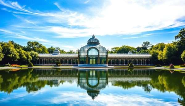 The Crystal Palace in Retiro Park Madrid with its reflection in the lake on a sunny afternoon The Crystal Palace in Retiro Park Madrid with its reflection in the lake on a sunny afternoon