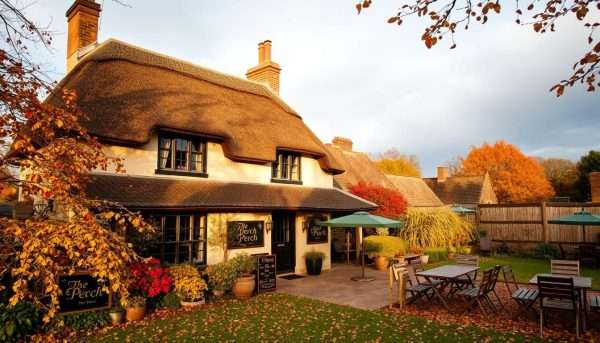 The Perch pub in autumn with colorful garden and historic thatched roof The Perch pub in autumn with colorful garden and historic thatched roof