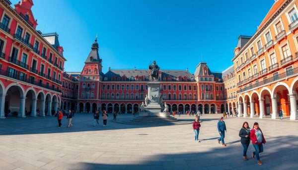 The historic Plaza Mayor in Madrid with its distinctive red buildings and central statue in morning light The historic Plaza Mayor in Madrid with its distinctive red buildings and central statue in morning light