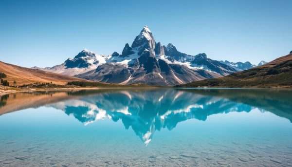 The iconic three towers of Torres del Paine National Park reflected in a turquoise alpine lake