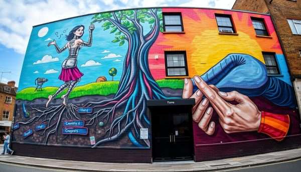 The large Connectivity mural on New Inn Yard showing themes of human and technological connection The large Connectivity mural on New Inn Yard showing themes of human and technological connection