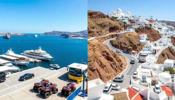 Transportation options in Mykonos vs Santorini showing ferries, local buses, and rental vehicles Transportation options in Mykonos vs Santorini showing ferries, local buses, and rental vehicles