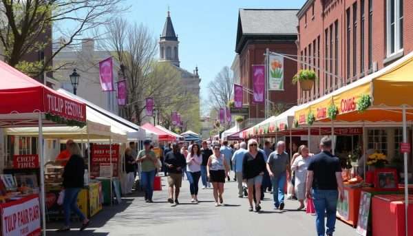 Tulip Festival Street Fair in downtown Mount Vernon with vendors, visitors, and tulip decorations Tulip Festival Street Fair in downtown Mount Vernon with vendors, visitors, and tulip decorations