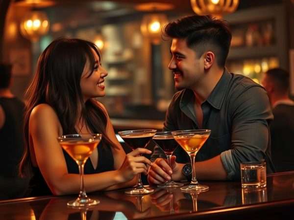 Two people flirting at a bar with one person using a dirty pick up line Two people flirting at a bar with one person using a dirty pick up line
