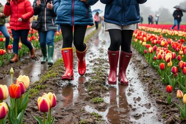 Visitors in rain boots walking through muddy paths between tulip fields at Skagit Valley Tulip Festival Visitors in rain boots walking through muddy paths between tulip fields at Skagit Valley Tulip Festival