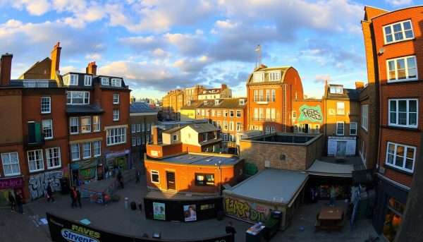 Wide shot of Shoreditch showing the integration of street art into the urban landscape Wide shot of Shoreditch showing the integration of street art into the urban landscape