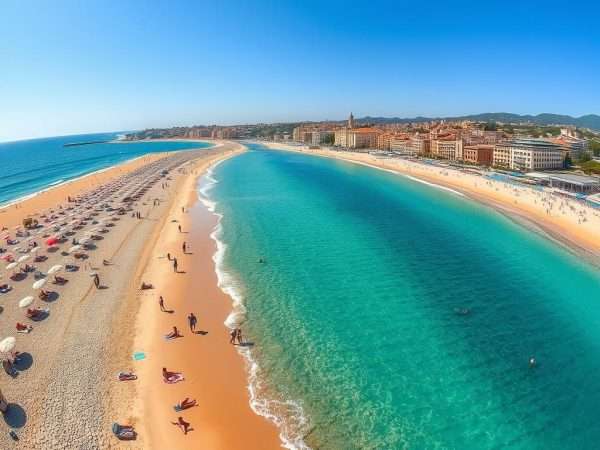 Wide view of Platja d'Aro beach with golden sand and beachgoers enjoying the Mediterranean Wide view of Platja d'Aro beach with golden sand and beachgoers enjoying the Mediterranean