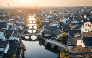 Aerial view of small towns near Shanghai with traditional buildings and winding canals