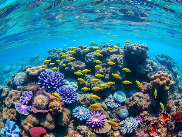 Colorful coral reef at Two Step Beach with tropical fish swimming among the formations