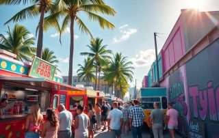 Colorful food trucks in Miami serving customers in Wynwood
