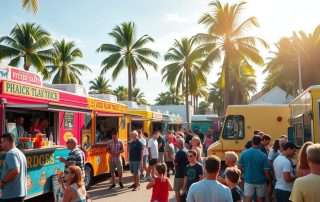 Colorful food trucks lined up at a Tampa food truck rally with palm trees and sunshine