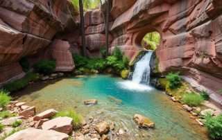 Donut Falls waterfall in Utah showing the unique donut hole formation with water cascading through
