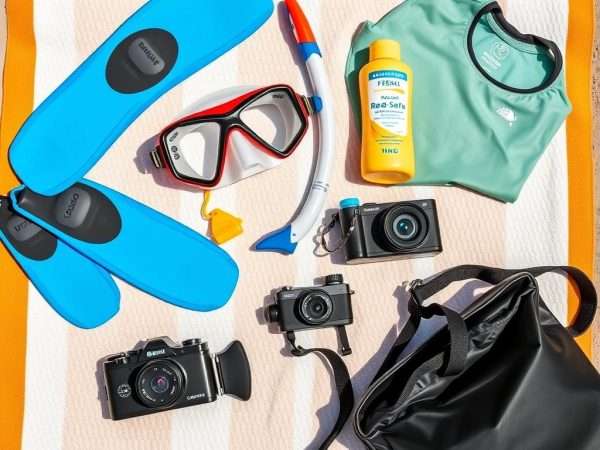 Essential snorkeling gear for Two Step Beach including mask, snorkel, fins, and reef-safe sunscreen