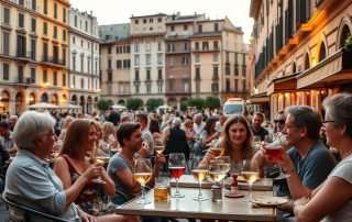 Italian outdoor cafe with people enjoying wine and aperitifs