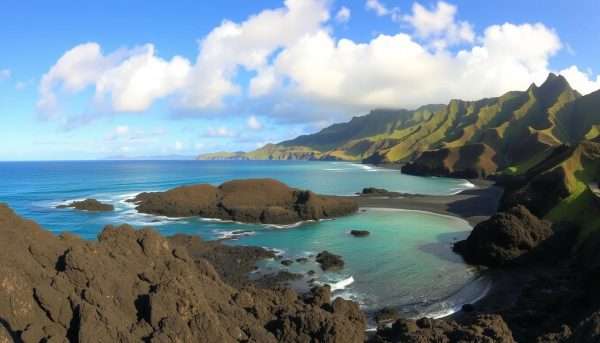 Panoramic view of Honaunau Bay with Two Step Beach in the foreground and mountains in the background