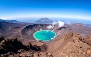 Panoramic view of Santa Ana volcano with its bright turquoise crater lake visible from the summit