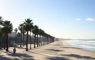 San Diego beach on a sunny winter day with palm trees and mild waves