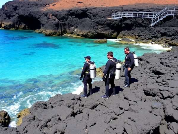 Scuba divers preparing to enter the water at Two Step Beach