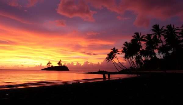 Sunset view of Two Step Beach with silhouettes of palm trees against an orange and purple sky
