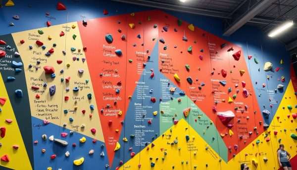 A climbing gym wall with chalk-written boulder puns next to different routes A climbing gym wall with chalk-written boulder puns next to different routes