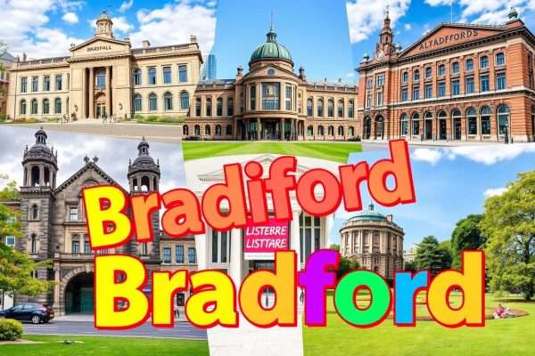 A collage of Bradford landmarks with puns overlaid as text A collage of Bradford landmarks with puns overlaid as text