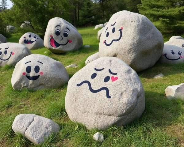 A collection of boulders with funny faces drawn on them in a natural setting A collection of boulders with funny faces drawn on them in a natural setting