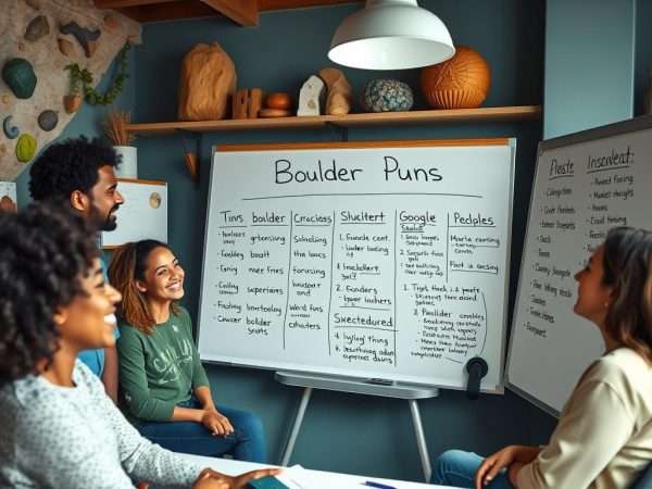 A creative workshop setting with people brainstorming boulder puns on a whiteboard A creative workshop setting with people brainstorming boulder puns on a whiteboard