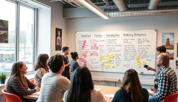 A creative workshop with people brainstorming Bradford puns on a whiteboard A creative workshop with people brainstorming Bradford puns on a whiteboard