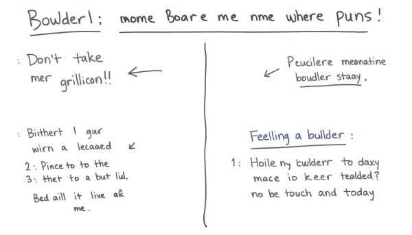 A diagram explaining the wordplay behind popular boulder puns with arrows and annotations A diagram explaining the wordplay behind popular boulder puns with arrows and annotations