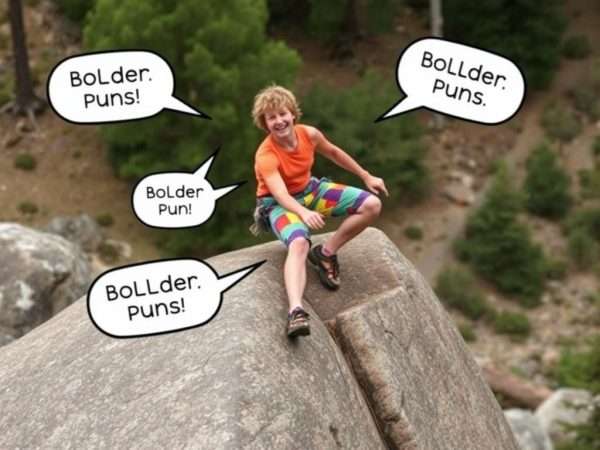 A person bouldering on a large rock with speech bubbles containing boulder puns A person bouldering on a large rock with speech bubbles containing boulder puns