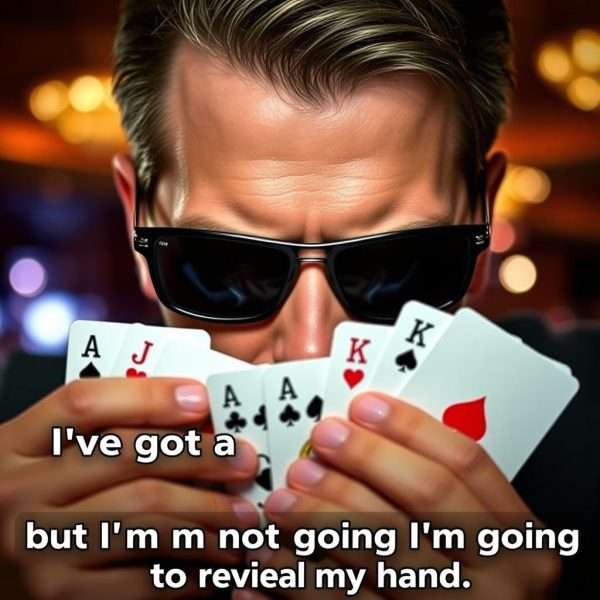 A person with a poker face holding cards with pun text overlay A person with a poker face holding cards with pun text overlay