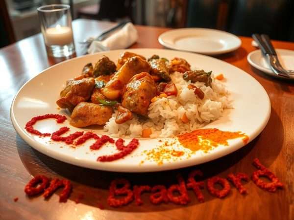 A plate of curry with Bradford pun written in spices beside it A plate of curry with Bradford pun written in spices beside it