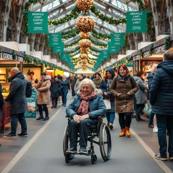 Accessible pathway through the Greenville Christmas Market with diverse visitors Accessible pathway through the Greenville Christmas Market with diverse visitors