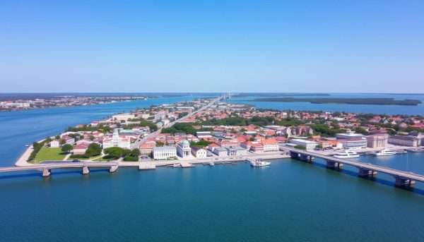 Aerial view of St. Augustine showing the historic district and waterfront Aerial view of St. Augustine showing the historic district and waterfront