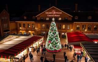 Aerial view of the Greenville Christmas Market at Grand Bohemian Lodge with twinkling lights and festive decorations