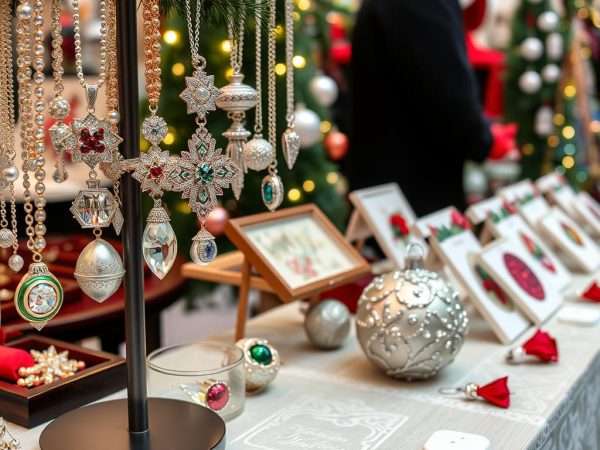 Artisan craft displays at the Dulles Expo Christmas Market showing handmade jewelry and ornaments
