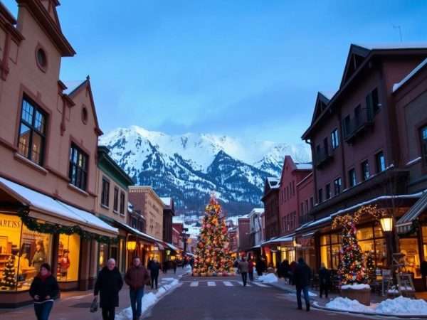 Aspen Colorado decorated for Christmas with snow-covered mountains Aspen Colorado decorated for Christmas with snow-covered mountains