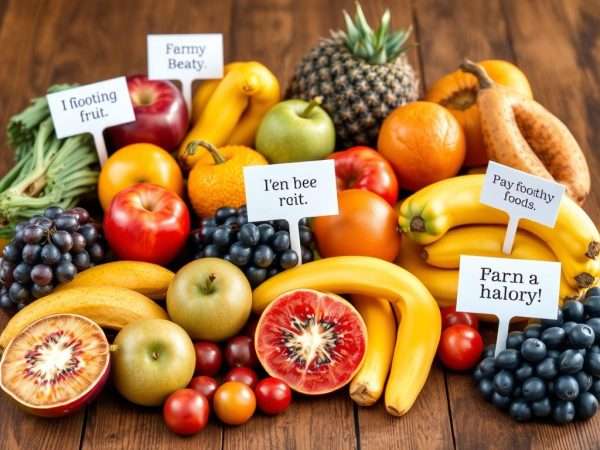 Assorted colorful fruits arranged with funny pun labels