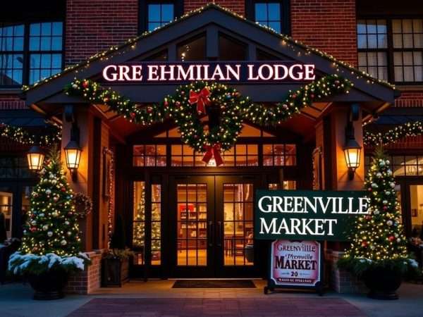 Beautifully decorated Grand Bohemian Lodge entrance with Christmas decorations and Greenville Christmas Market sign Beautifully decorated Grand Bohemian Lodge entrance with Christmas decorations and Greenville Christmas Market sign